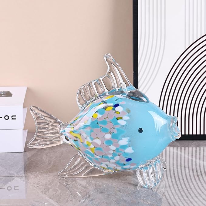 LCCCK Large Hand Blown Glass Fish Figurines, Aquarium Sea Glass Art, Fish Statue Sculpture Modern Coastal Accent - for Beach Knick Knacks, Coffee Tables, Nautical Offices Centerpiece (Colorful Blue)