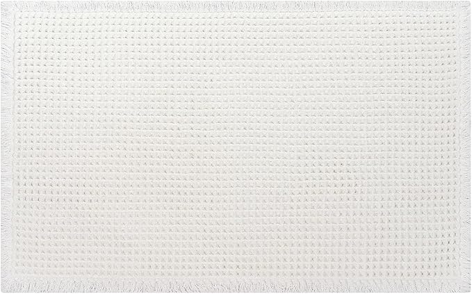 White Bathroom Rugs, Waffle Bath Mat Non Slip Washable, Super Absorbent & Quick Dry, Boho Bath Mat Farmhouse Bathroom Decor, 24'' x 48'', White