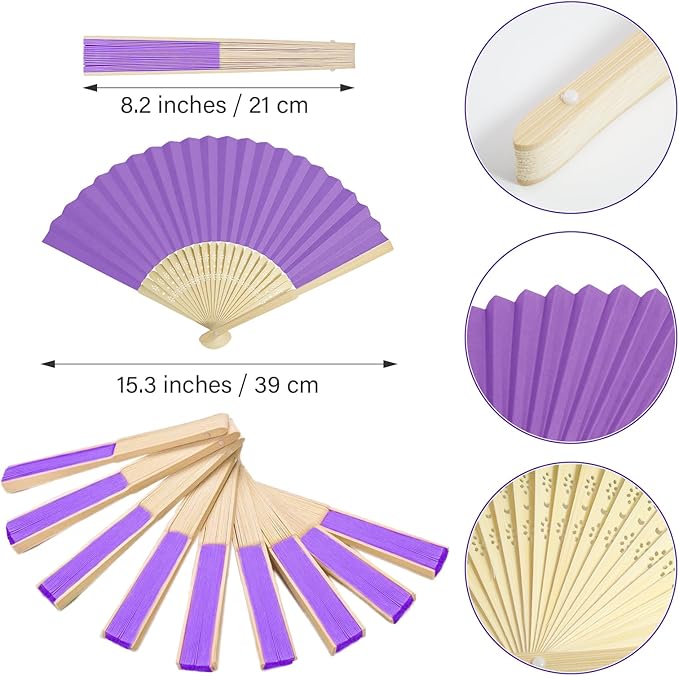 50 Pieces Paper Fans Paper Hand Fan Bamboo Folding Fan Handheld Fan Paper Folded Fan Paper Fan for Wedding Party and Home Decoration (Purple)