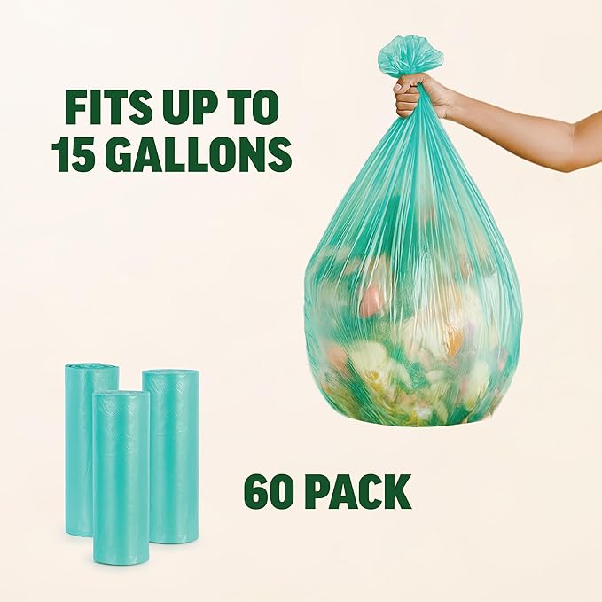 Zenlogy Compostable 10-15 Gallon Garbage Bag, Heavy Duty Eco Friendly Tall Trash Bags, Biodegradable Waste Basket Bin Liner Sack for Kitchen, 60 Count