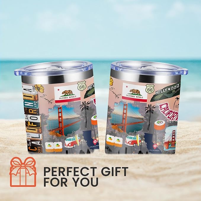 12oz Coffee Mug California State Insulated Coffee Cups, United States Map Travel Mug Landmark, Birthday Gifts Cute Mugs with Lid and Straw Mothers Day Gifts