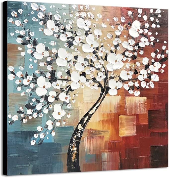 Wieco Art Morning Glory Modern Abstract White Flowers Oil Paintings on Canvas Wall Art 100% Hand Painted Floral Artwork for Living Room Bedroom Home Office Decorations Wall Decor