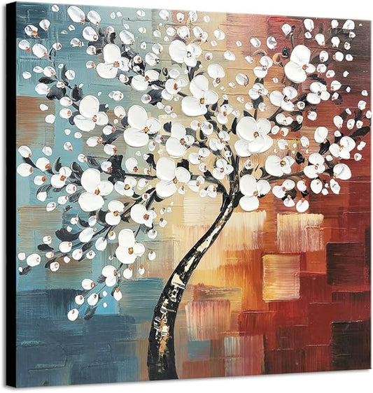 Wieco Art Morning Glory Modern Abstract White Flowers Oil Paintings on Canvas Wall Art 100% Hand Painted Floral Artwork for Living Room Bedroom Home Office Decorations Wall Decor