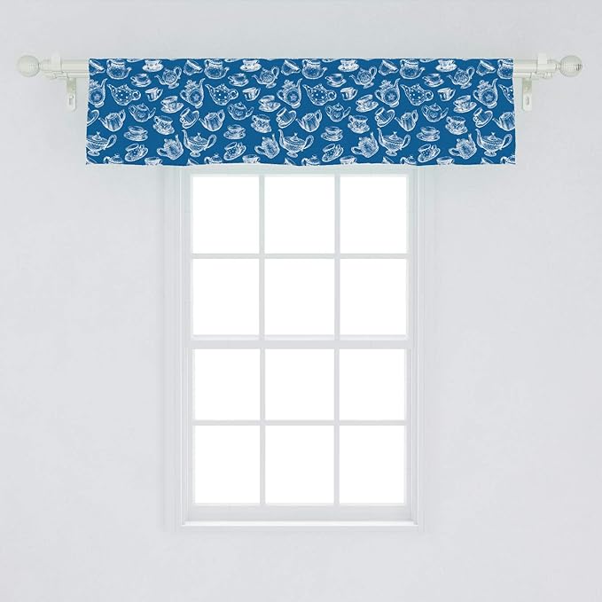 Ambesonne Teapot Window Valance, Rhythmic Engraving Sketch Style Dotted Pots Tea Vintage Cups Pattern, Curtain Valance for Kitchen Bedroom Decor with Rod Pocket, 54" X 12", Cobalt Blue and White