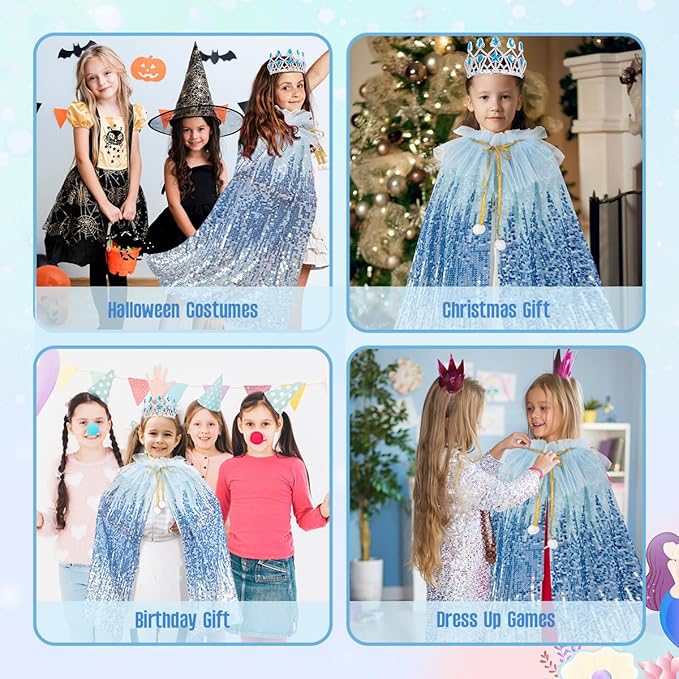 Meland Princess Dress Up for Girls 3-8, 11Pcs Mermaid Cape with Crown, Dress Up Clothes Birthday Gift Toys for Girls Toddlers