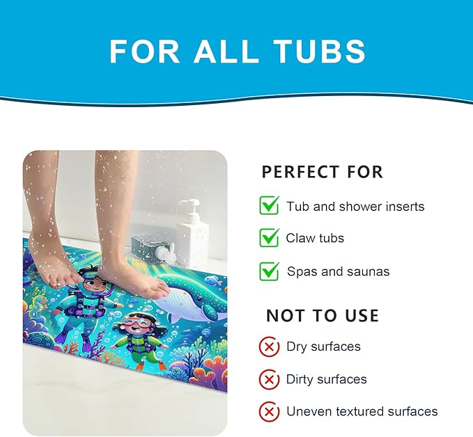 XIYUNTE Baby Bath Mat for Tub Non Slip Kids Bath Mat - 40''x16'' Extra Long Cartoon Diving Baby Bath Tub Mat Eco-Friendly Toddler Bath Mats with Suction Cups & Drain Holes Easy to Clean & Easy Drying