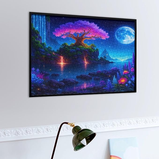 Meteor Shower and Moonlit Night 500-Piece Wooden Jigsaw Puzzle, Starry Night Puzzle, Moonlit Landscape Scene, Indoor Relaxation, Family Fun, Stress-Relief Activity