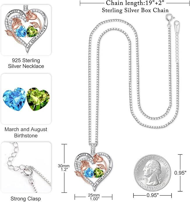 Iefil Valentines Day Gifts for Her - 925 Sterling Silver Rose Heart Birthstone Necklace Birthday Anniversary Jewelry Gifts for Her Wife Mom Daughter
