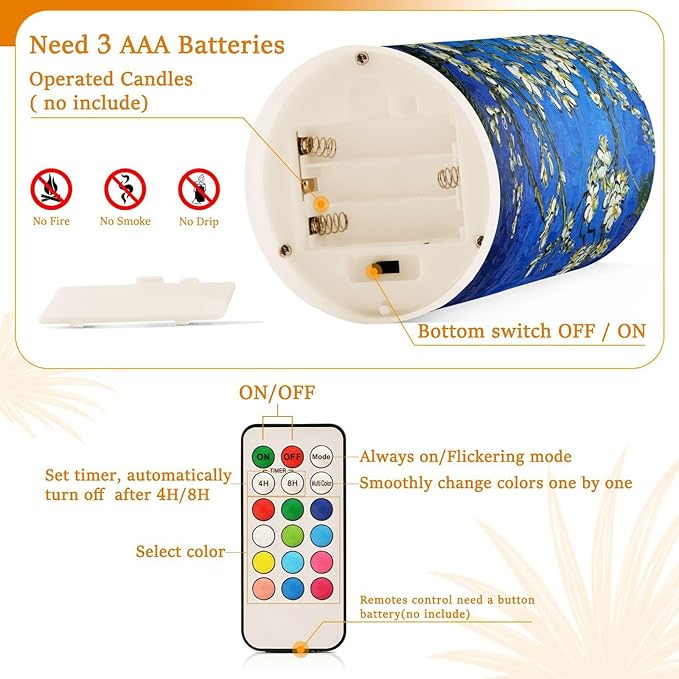 Van Gogh Almond Blossom Flickering Flameless Candles Battery Operated with Remote Timer,Tea Light Candles LED Pillar Votive Candles Set of 2 for Outdoor Indoor Decorations