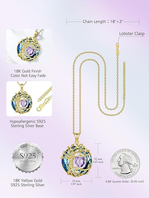 TOUPOP Tree of Life Birthstone Necklace 925 Sterling Silver Pendant Austrian Crystal Jewelry Anniversary Valentine's Day Birthday Gifts for Women Mom Her Wife