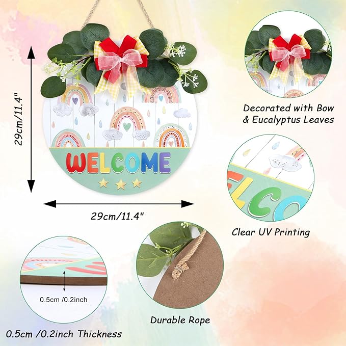 CHDITB Rainbow Welcome Sign, Wreath Wood Hanging Plaque, Welcome Door Sign, Raindrop Wreath Round Wall Art Sign Hanger Classroom Wall Decor for Nursery Kid Room Playroom Decor-14.9x14.9 inch