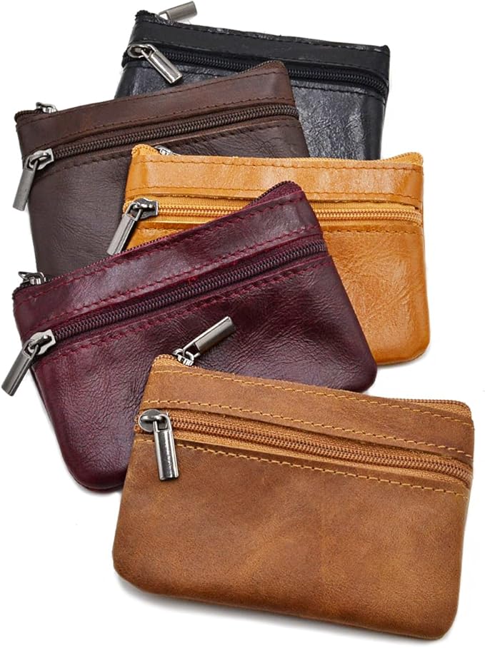 Multi-Functional Genuine Leather Wallet - Wine Red Compact Card Holder with 3 Zippers, Built-in Key Ring & Coin Purse for Travel (darkbrown)