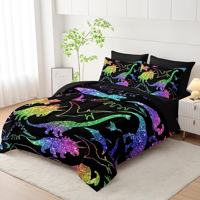 Rainbow Dinosaur Comforter Set (7 Piece) - Kids Bedding Black Dinosaur Duvet Set for Boys Girls Teens, Quilt Bed Set with 2 Pillow Shams, Flat Sheet & Fitted Sheet (Queen) - Room Decor Gifts