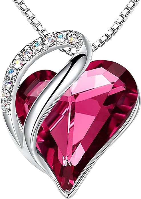 Leafael Valentine's Day Gift Necklaces for Women, Infinity Love Birthstone Heart Crystal Pendant, Birthday Anniversary Jewelry for Wife, Mom, and Her, Silver Plated, 18" + 2" Adjustable Chain