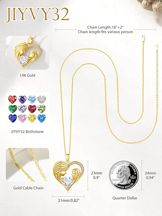 Mother and Daughter/Son Love Heart Necklace White Gold/14K Gold/Rose Gold Birthstone Jewelry Christmas Mothers Day Birthday Gifts For Mom Wife Grandma Women