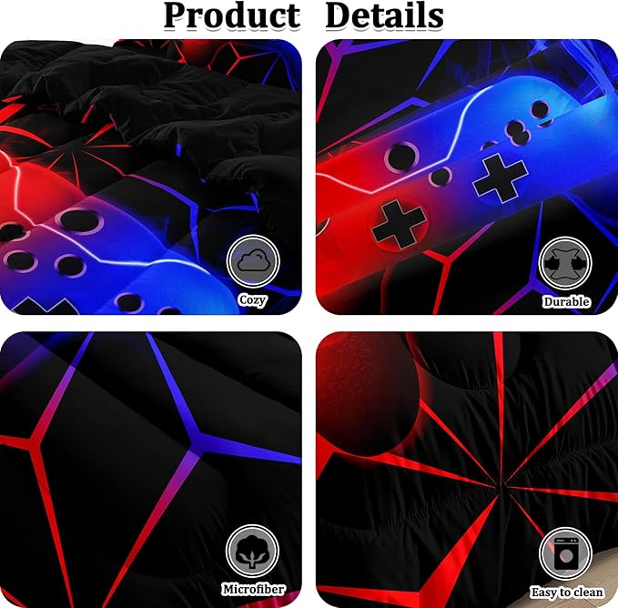 4 Pcs Gamer Full Bedding Set for Boys, Blue-red Gaming Full Size Boys Comforter Set for Teens