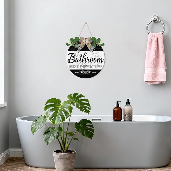 CHDITB Bathroom Wall Decor, Funny Bathroom Wooden Wreath Sign, Rustic Round Humorous Wood Hanging Plaque, Open 24 Hours Please Seat Yourself Door Signs, Modern Farmhouse Hanger for Restroom Toilet