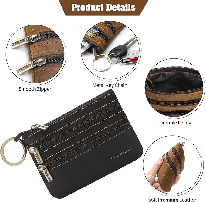Jack&Chris Coin Purse Pouch for Men, Genuine Leather Coin Purse Zipper Pocket with Keychain Ring, Coin Bag for Men,JC301-Black
