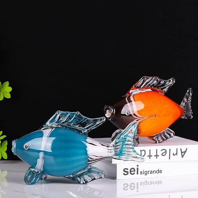 LCCCK Large Glass Fish Statue, Hand Blown Glass Sea Life Figurines, Coastal Decor for Home,Tropical Fish Ornaments Collectible Figurines, Coffee Table, Shelf, Office, Bathroom Decoration Nautical Art