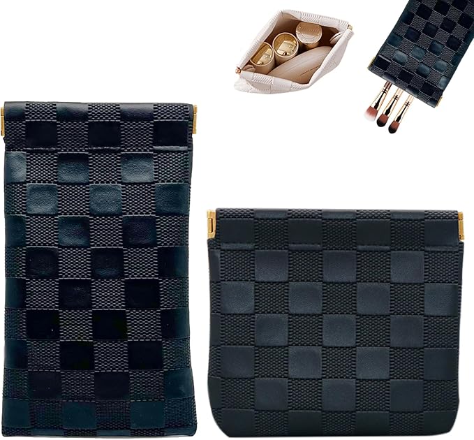 2PCS Small Makeup Bag for Purse, Mini Leather Pocket Cosmetic Bag for Women, Waterproof Portable Makeup Pouch No Zipper Coin Purse Lipstick Bag Accessories, Checkered Travel Storage Bag (Black)