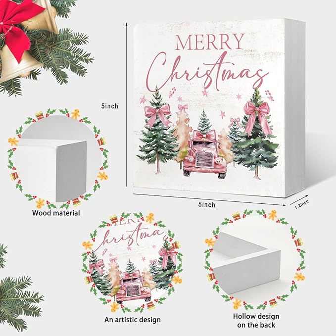 Mtrgdn Pink Merry Christmas Decor Sign,Christmas Pink Bow Truck Tree Box Signs,Winter Xmas Decorations for Home Bathroom Bedroom Office Table Desk Shelf Wall,Xmas Gifts for Women Girls Friends,5x5 Inch