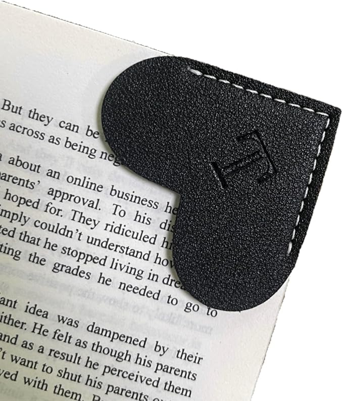 Personalized Leather Book Marks, Heart Bookmark, Unique Cute Handmade Letter Bookmarks Accessories for Reading Women, Teacher, Student, Book Lovers Book Mark Gifts (Black, T)