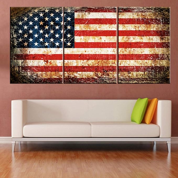 Native America Home Decor Grunge USA Flag Paintings Patriotic Pictures Blue White Artwork 3 Panel Canvas Textured Wall Art for Living Room HD Prints Giclee Framed Stretched Ready to Hang(60''Wx28''H)