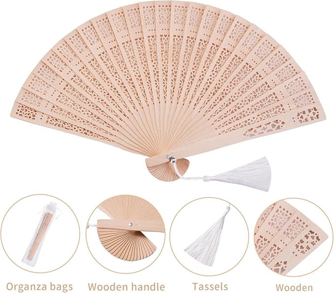 Sepwedd 50 Set Sandalwood Fan Wooden Hand Fan Baby Shower Party Favors with Organza Bags and Tassels Wooden Folding Fan