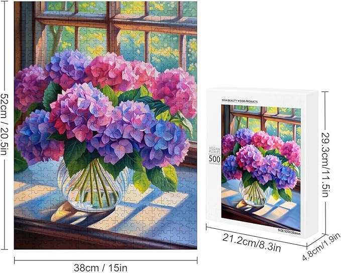Puzzles for Adults 500 Pieces Wooden Jigsaw Puzzle - Hydrangea Bouquet Theme Puzzle，Party Games，Family Toys，Educational Puzzles，Stress Relief Wooden Puzzle，Gifts for Family，Colleagues and Friends
