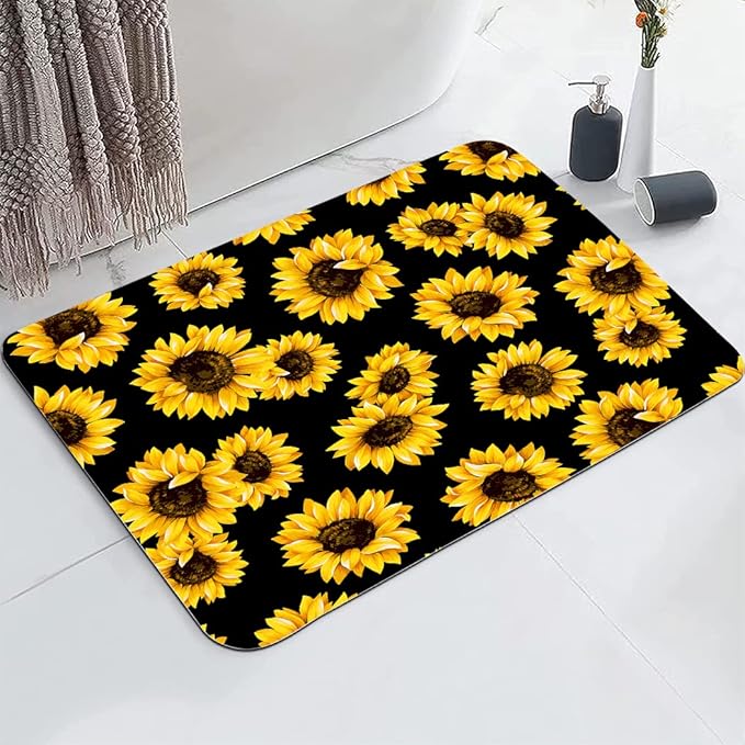 Yellow Sunflower Bathroom Mat, Non-Slip Super Absorption Bath Carpet with Rubber Backing, Fit Under Bathroom Doormat Floor Rugs for Shower Buthtub Sink, 17"x24"