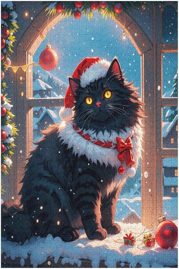 Jigsaw Puzzles for Adults 1000 Piece - Christmas Black Cat Wooden Puzzles, Educational Games，Challenge Puzzles Puzzle Games, Stress Relief Games