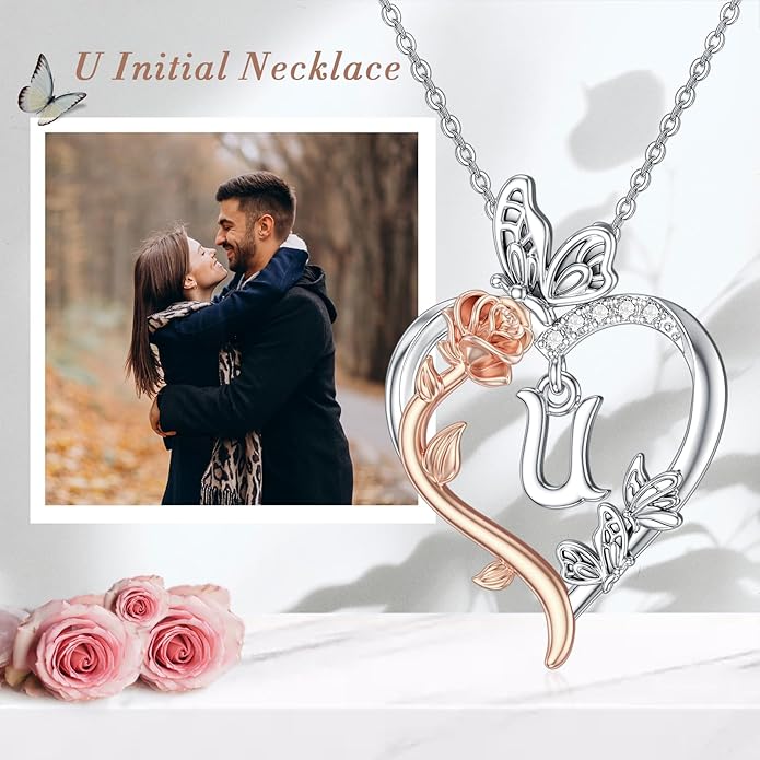 TOUPOP Rose Heart Necklaces Gifts for Women 925 Sterling Silver Butterfly Heart Initial Necklace Anniversary Valentines Day Birthday Jewelry Gifts for Mom Her Wife Girlfriend Daughter