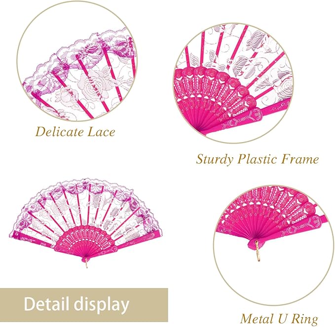 QIRMIZI 30pcs Silk Folding Hand Fans,Silk Fans,Deeppink Rose Fans,Perfect for Weddings, Parties, and Dancing,Deeppink