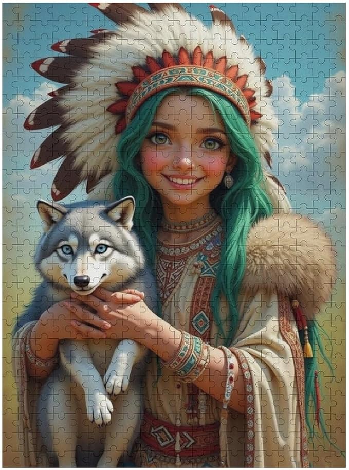 Puzzles for Adults 500 Pieces Wooden Jigsaw Puzzle - Indian Beauty & Wolf，Native American Theme Puzzle，Party Games，Family Toys，Educational Puzzles，Stress Relief Wooden Puzzle，Home Decoration
