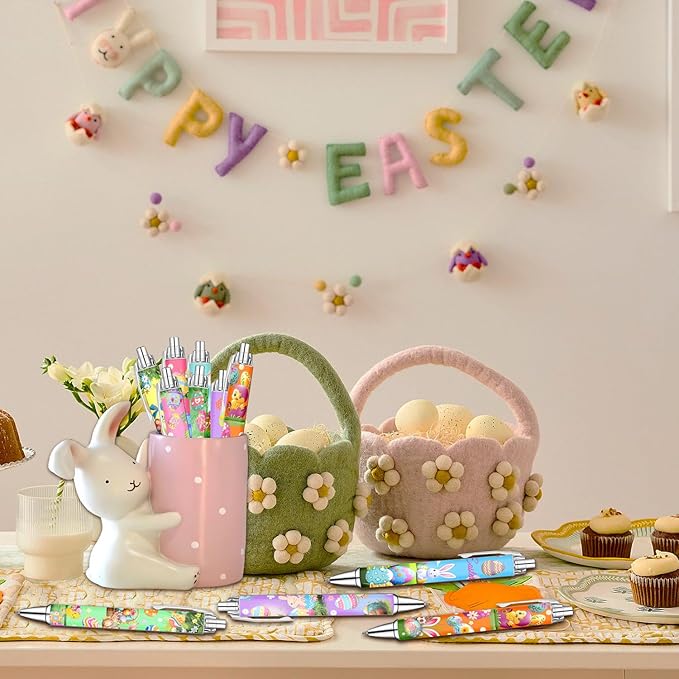 Spring Easter Ballpoint Pens Set of 10 – Bunny and Easter Egg Design with Cheerful Spring Words – Smooth Black Ink Writing Pens for Seasonal Gifts, Party Favors, Office, and Everyday Writing