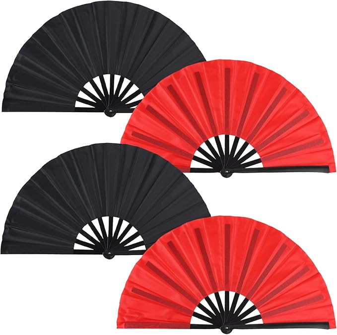 4 Pack Large Folding Hand Fan, Plastic Hand Held Folding Fans Chinese Kung Fu Hand Fan Decorative Folding Fans for Dance, Performance, Festival or Home Decorations(Black & Red)