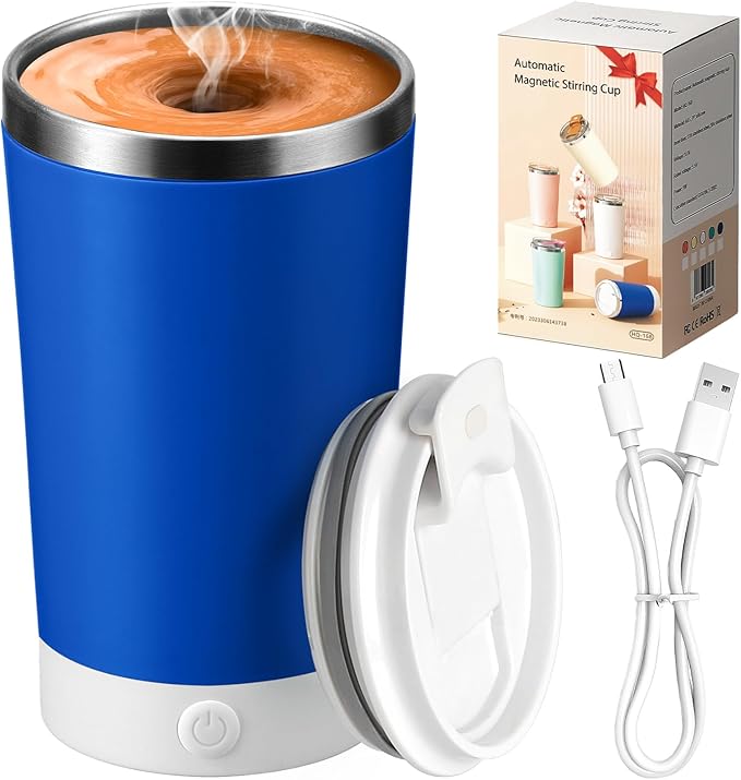 hatisan Self Stirring Coffee Mug With Lid Electric High Speed Self Stirring Mug 400ml Rechargeable Detachable Stainless Steel Self Stirring Cup for Coffee, Milk, Cocoa Christmas Gift(Blue)
