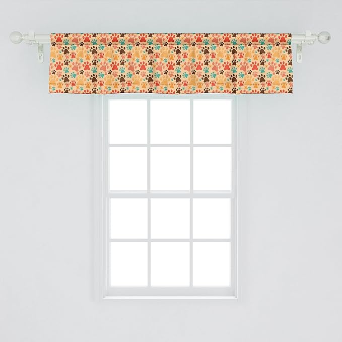 Ambesonne Dog Lover Window Valance, Colorful Paw Print Pattern with Abstract Animal Canine Art on Creamy Backdrop, Curtain Valance for Kitchen Bedroom Decor with Rod Pocket, 42" x 12", Pale Orange