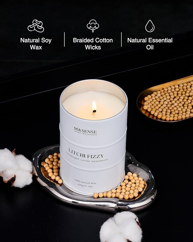 M&SENSE Large Soy Candles Litchi Fizzy Scented 21.2oz 120 Hour Long Lasting Natural Wax Non Toxic, Summer Candle Cozy Home Decor, Relaxing Aromatherapy Gifts for Women Mom Girlfriend