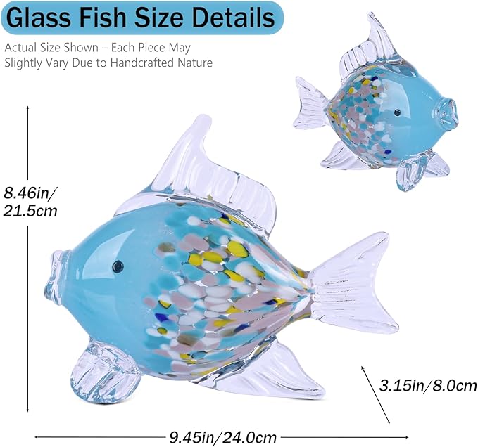Large Glass Fish Figurine for Home Decor, Hand Blown Art Glass Ocean Animal Statue, Decorative Coastal and Beach Themed Sculpture for Table, Shelf, Bathroom, Living Room or Office