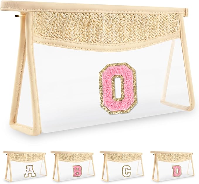 Small Boho Straw Initial Letter Makeup Bag Personalized Gift ,Cute Clear Chenille Patch Makeup Bag With Zipper,Trendy TSA Approved Travel Toiletry Bag,Gift for Women Girls Birthday Friend, Letter O
