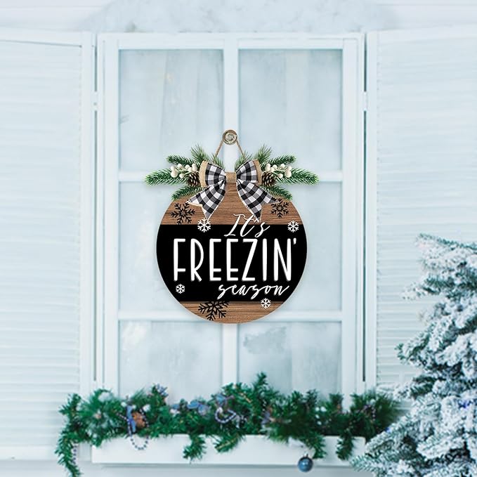 Deroro Winter It's Freezin Season Front Door Sign, Farmhouse Rustic Snowflake Wood Door Hanger Outdoor Outside Porch Decor, Christmas Wooden Wreath with Checkered Bow Indoor Wall Hanging Decoration