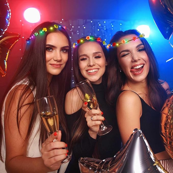Valentines Day Gifts, 54 PCS New Year LED Flower Crowns Headbands, Light Up Flower Crowns For Women, Glow in the Dark Headband for Wedding Reception Mardi Gras Cosplay Princess Party Favors