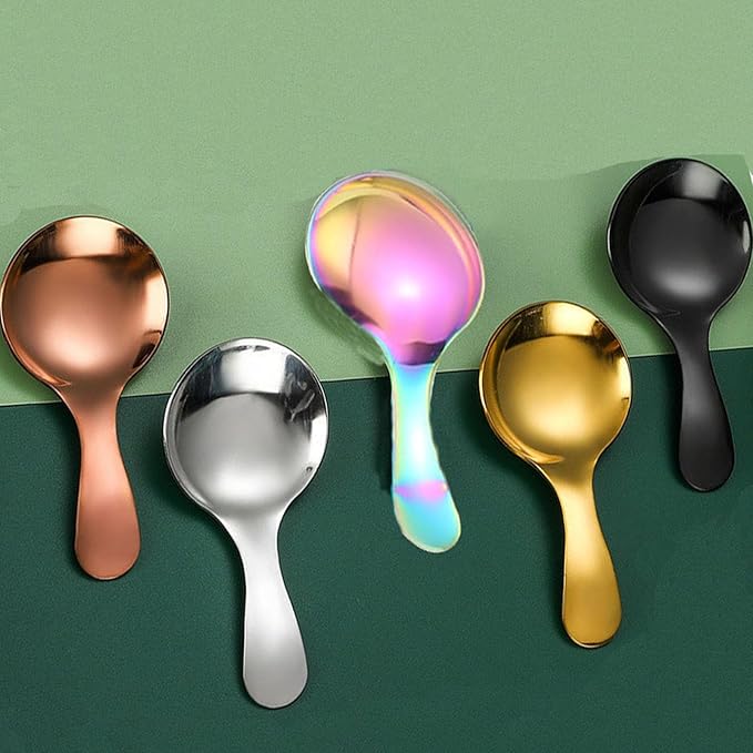 5 Pcs Stainless Steel Short Handle Thickened Small Round Spoons For Honey Candy Coffee Tea Salt Jam and Mustard - Ice Cream Dessert Spoon (A Multicolour)
