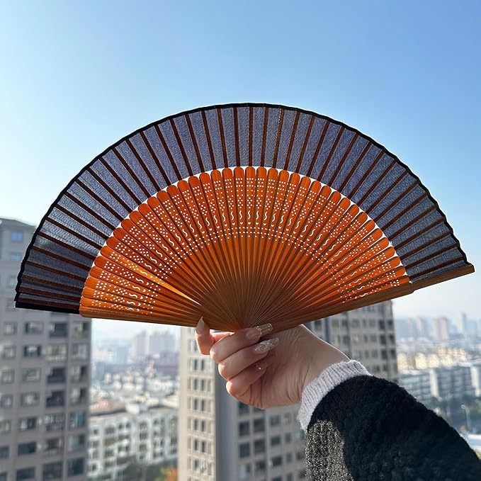 Hand Fan for Vintage Japanese Bamboo Silk Elegant for Dance Music Festival Wedding Church Decoration Party (Black, Medium)