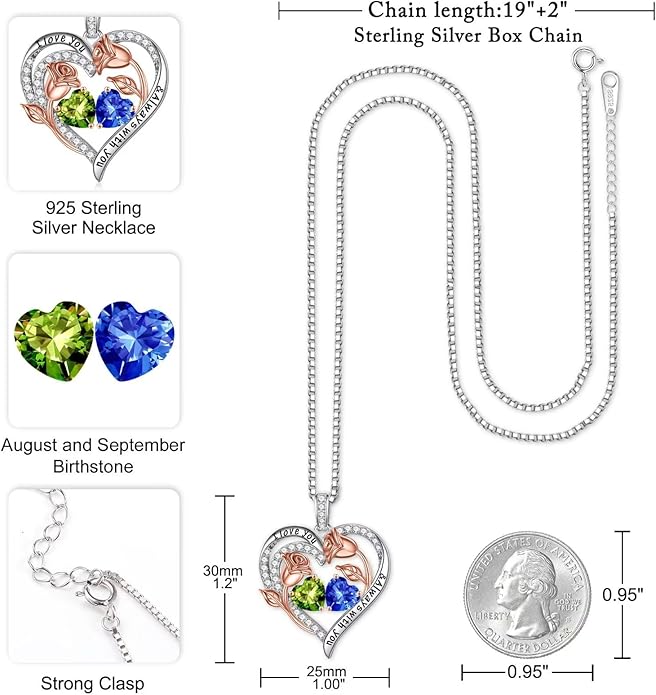 Iefil Valentines Day Gifts for Her - 925 Sterling Silver Rose Heart Birthstone Necklace Birthday Anniversary Jewelry Gifts for Her Wife Mom Daughter