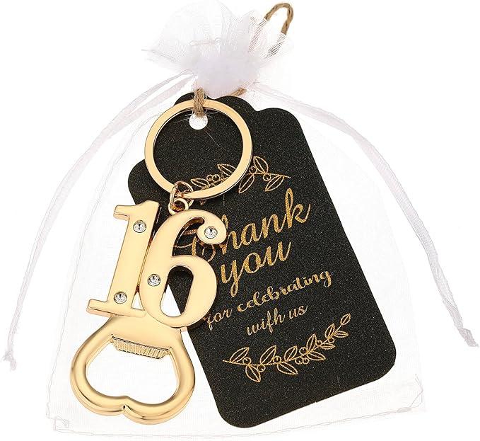 24 pcs 16th Gold Keychain Bottle Opener Birthday Party Favors for Guests,16th Beer Bottle Opener Favors Bulk for 16 Birthday Anniversary Souvenirs Party Decor Supplies (Gold 16th)