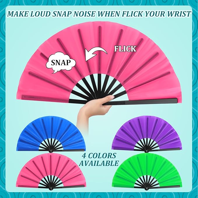 Blulu 4 Pcs 11 Inch Large Folding Hand Fans for Line Dancing Clapping Popping Rave Fans for Kids Women Men for Dancing Boots on The Ground Festival Party Decoration(Classic Style, Classic Color)