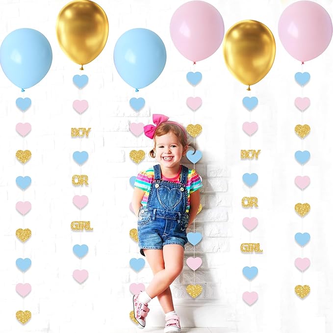 Boy or Girl Gender Reveal Decorations 6PC Pink Blue Gold Hear Garland Balloon Tails for Baby Shower Decor