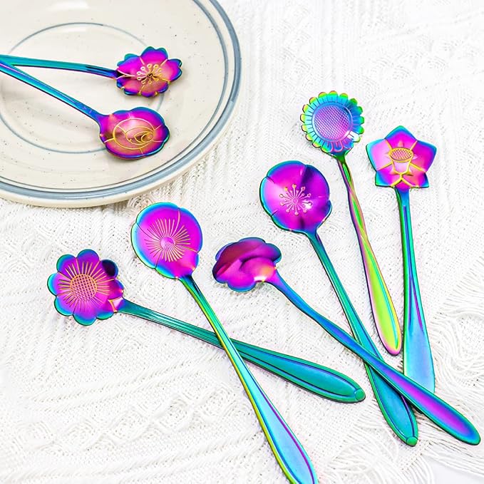 8 Pieces Rainbow Flower Spoon Coffee Teaspoon Set, Stainless Steel Reusable Cute Tea Spoon for Drink Mixing Milkshake Jam, 8 Different Patterns